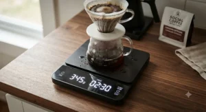 Close-up of a digital pour over scale with timer showing an illuminated LED readout of grams and brew time.