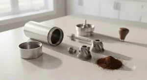 Disassembled parts of a manual Turkish coffee grinder displaying the adjustable steel burr mechanism for extra fine grinds.