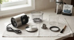 Removable parts of a cold brew coffee grinder laid out flat for easy washing and maintenance.