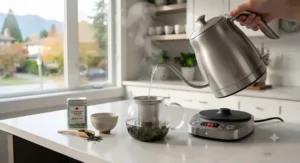 Brewing premium loose-leaf tea with hot water from an electric gooseneck kettle.