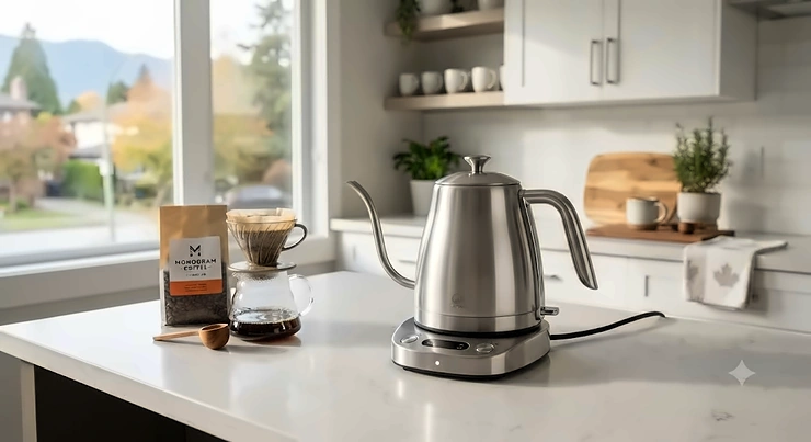 Sleek stainless steel electric gooseneck kettle resting on a modern kitchen counter in Canada.