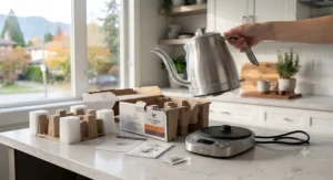 Unboxing a brand-new electric gooseneck kettle and its base unit.