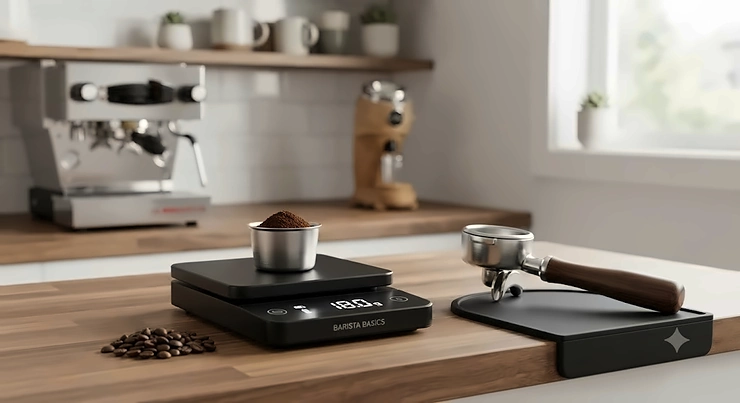 An espresso dosing scale for home baristas resting on a modern kitchen counter next to a portafilter