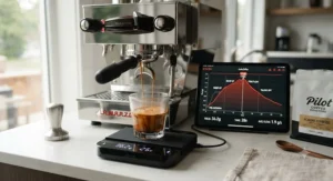 Visualizing espresso extraction flow rate tracking on a Bluetooth coffee scale app interface.