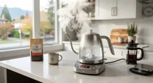 An electric gooseneck kettle boiling water quickly for morning routines.