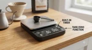 Diagram highlighting key features of a coffee scale for beginners, including a built-in timer and tare function.