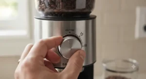 Fingers adjusting the coarse grind setting dial on a premium cold brew coffee grinder.