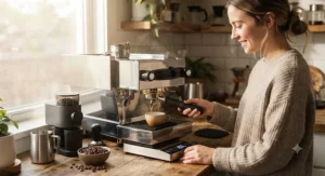Home barista using a minimalist mini espresso scale during a cozy morning coffee routine