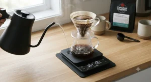 Step-by-step graphic demonstrating how to use a coffee scale for beginners during a classic pour-over routine.