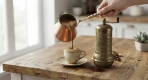 Freshly brewed Turkish coffee being poured into a demitasse cup next to a vintage manual Turkish coffee grinder.