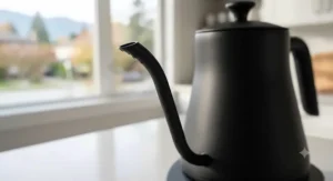 Close-up of the long, tapered spout on a matte black electric gooseneck kettle.
