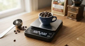 Weighing specialty coffee beans on a precise pour over scale with built-in timer.