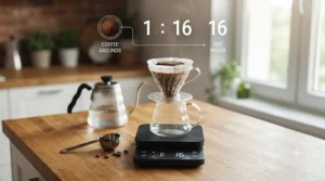 Infographic showing how a coffee scale for beginners helps achieve the ideal coffee-to-water ratio for morning brews.
