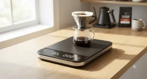 Sleek, low-profile pour over scale with timer viewed from a stylish angle.