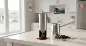 A modern stainless steel Turkish coffee grinder placed beside a matching cezve pot in a bright Canadian kitchen.