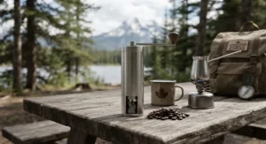 A compact portable Turkish coffee grinder set up on a rustic wooden table, ideal for camping trips across Canada.