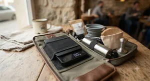 Portable and slim espresso dosing scale packed alongside manual coffee brewing travel gear