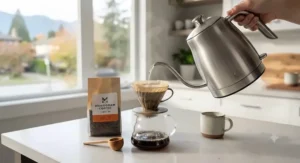 Pouring water for pour-over coffee using a precise electric gooseneck kettle.