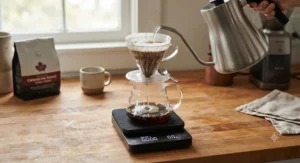 Complete coffee brewing station featuring a pour over scale with timer underneath a gooseneck kettle.