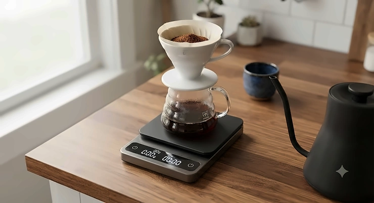 Pour over scale with timer resting on a wooden countertop next to a coffee dripper.