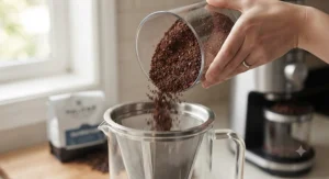 Freshly ground coffee beans being poured from a cold brew coffee grinder into a filter basket.