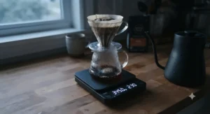 A professional-grade coffee scale for pour over utilized on a clean cafe bar setup in Vancouver.