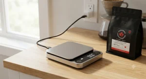 A modern USB-rechargeable coffee scale for pour over displayed next to a fresh bag of Canadian roasted coffee beans.