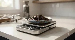 Rechargeable espresso dosing scale precisely measuring specialty coffee beans in a ceramic dish