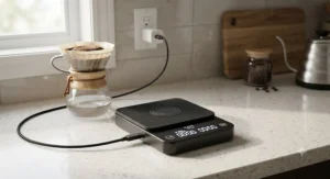 USB-rechargeable pour over scale with timer plugged in on a kitchen workspace.