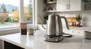 An energy-efficient electric gooseneck kettle featuring built-in auto-shut-off safety mechanisms.