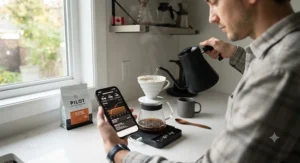 A person using a smartphone app connected via Bluetooth to track pour-over brewing metrics in Canada.