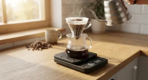 A water-resistant coffee scale for pour over being used underneath a glass dripper during a morning coffee ritual.