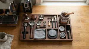An all-in-one tamping station with knock box holding distribution tools, tampers, and brushes in dedicated slots.