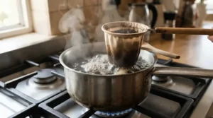 Sanitizing a cloth coffee filter for drip coffee in a small pot of boiling water on a stove top.