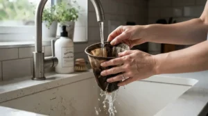 Rinsing a used cloth coffee filter for drip coffee under warm tap water in a stainless steel kitchen sink.