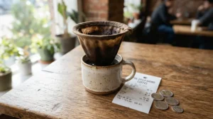 A reusable cloth coffee filter for drip coffee sitting beside a calculating device and a reusable mug, highlighting household savings.