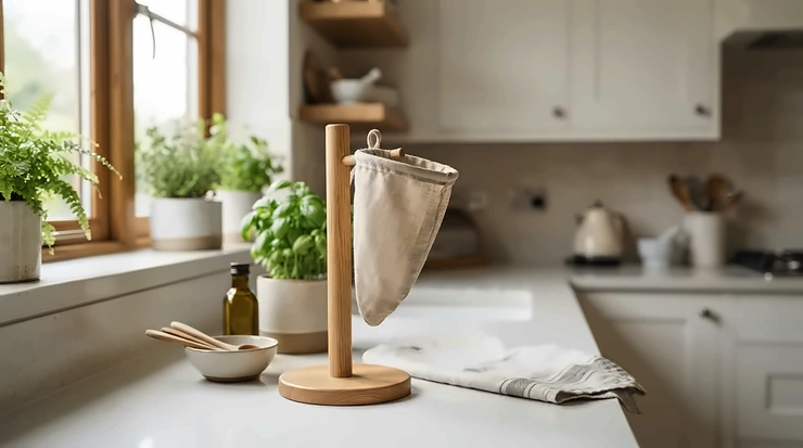 A freshly washed cloth coffee filter for drip coffee hanging to dry on a wooden counter rack.