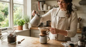A person pouring hot water through a cloth coffee filter for drip coffee on a wooden kitchen counter in a Canadian home.