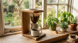 An eco-friendly cloth coffee filter for drip coffee resting on a bamboo pour-over stand surrounded by house plants.