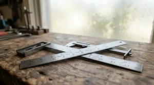 A cosy coffee scoop and measuring spoon set on a rustic wooden table in a winter cabin setting