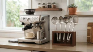 A durable coffee scoop and measuring spoon set organised neatly on a home espresso bar