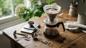 A coffee scoop and measuring spoon set placed next to a pour over glass dripper setup in a modern kitchen