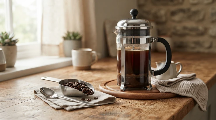 A stylish coffee scoop and measuring spoon set resting on a wooden tray beside a French press