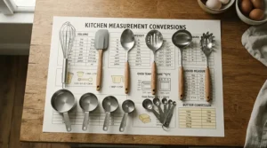 A coffee scoop and measuring spoon set displayed with a gram-to-tablespoon conversion chart for precision brewing