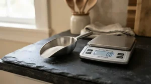 A coffee scoop and measuring spoon set used alongside a digital scale for the ideal coffee-to-water ratio