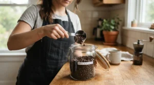 A practical alternative to a digital scale, using coffee scoops for French press for quick measuring.