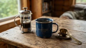 Packing coffee scoops for French press for a weekend getaway at a rustic woodland cabin.