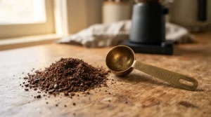 Using coffee scoops for French press to measure the ideal coarse grind ratio on a kitchen counter.
