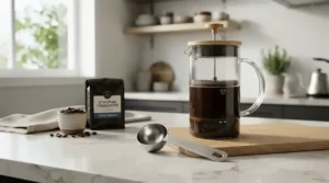 Durable stainless steel coffee scoops for French press resting beside a glass brewing carafe.