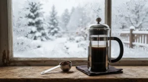Warming up with coffee scoops for French press during a chilly Canadian winter morning at home.
